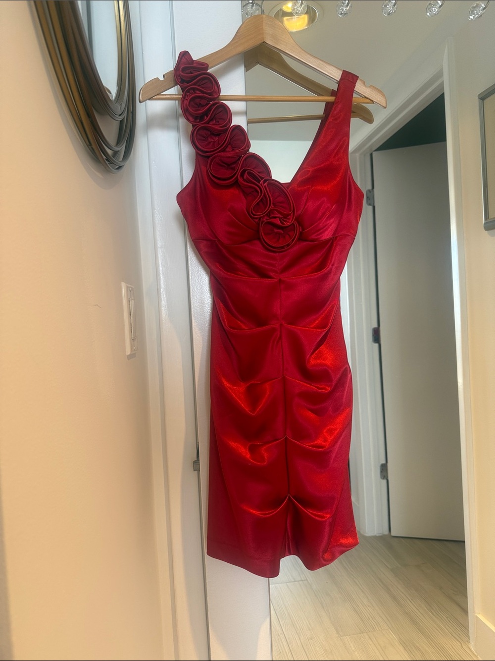 Xscape Red One-Shoulder Rosette Midi Dress